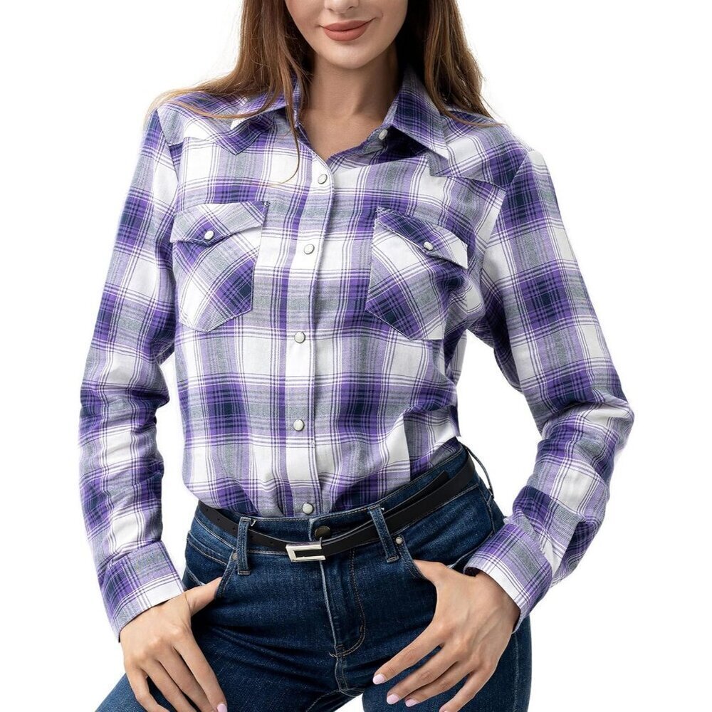 Purple Black Cotton Long Sleeve Western Shirts for Women's with Snap Button